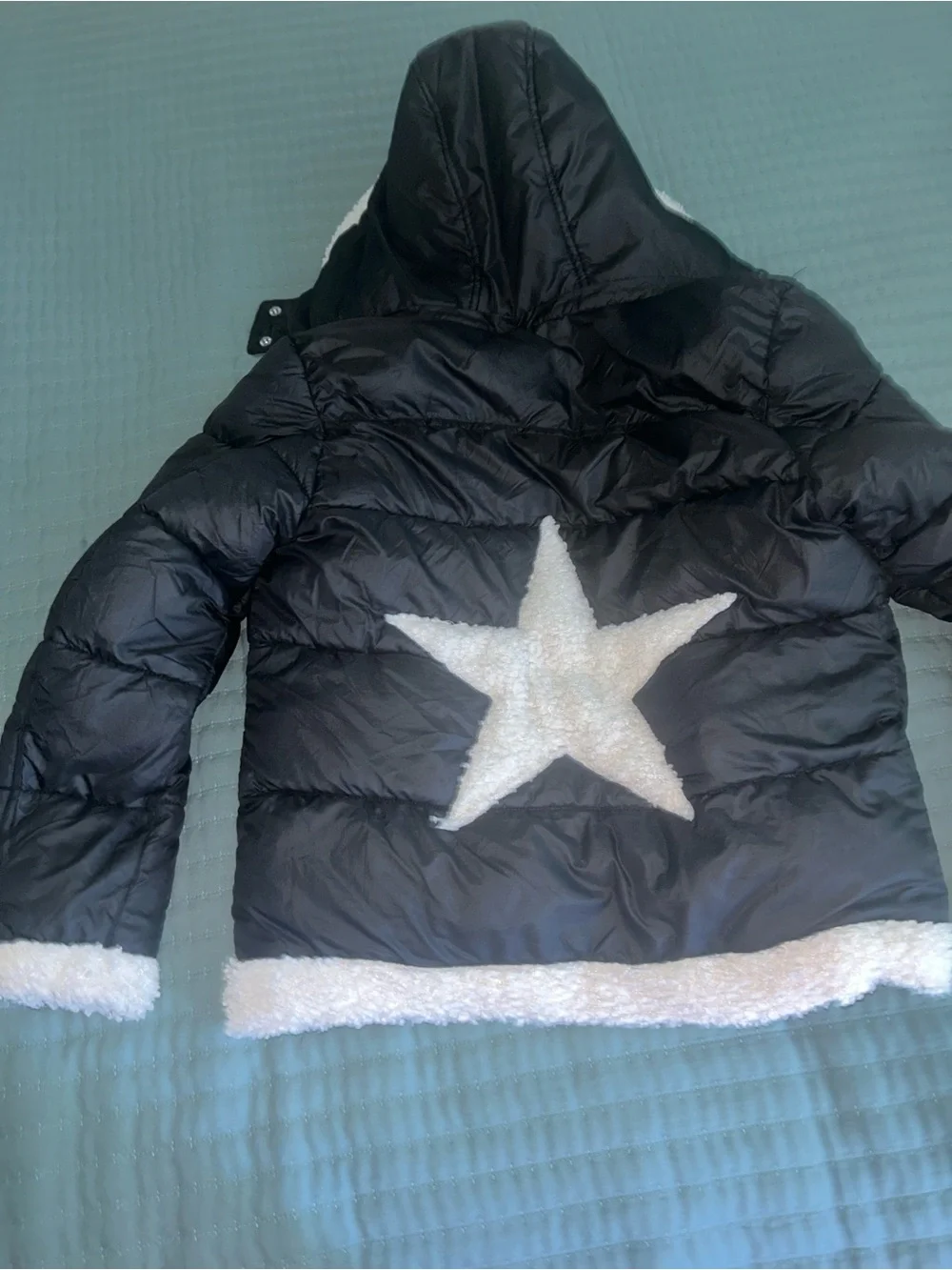 Sam Edelman Black Puffer Jacket with White Star and Sherpa Trim